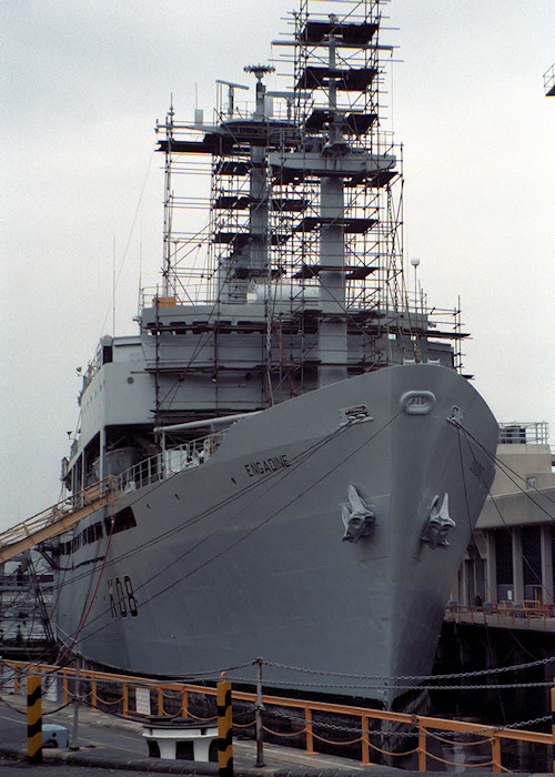 Photograph of the vessel RFA Engadine pictured in dry dock at Portsmouth Naval Base on 29th August 1987