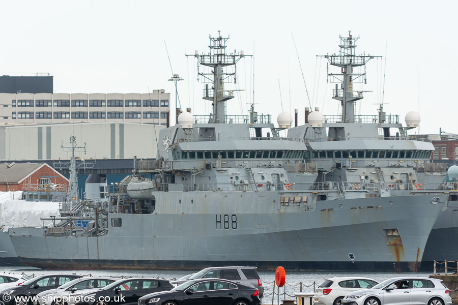 Photograph of the vessel HMS Enterprise pictured laid up in Portsmouth Naval Base on 8th July 2023