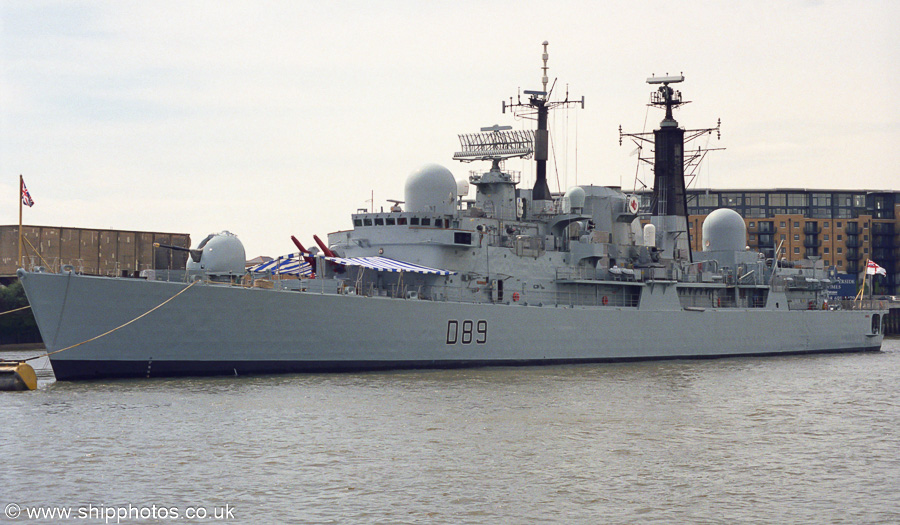Photograph of the vessel HMS Exeter pictured at Greenwich on 22nd April 2002