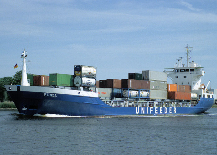 Photograph of the vessel  Fenja pictured passing through Rendsburg on 8th June 1997