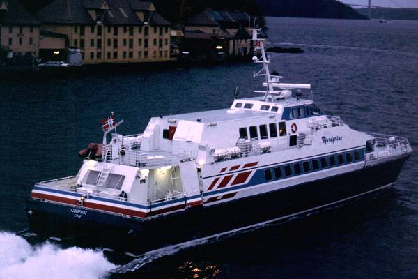 Photograph of the vessel  Fjordprins pictured departing Bergen on 26th October 1998