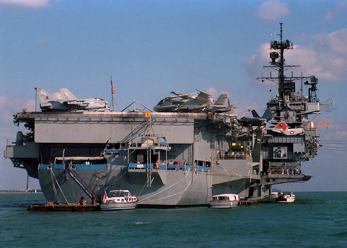 Photograph of the vessel USS Forrestal pictured at anchor in the Solent on 26th September 1987