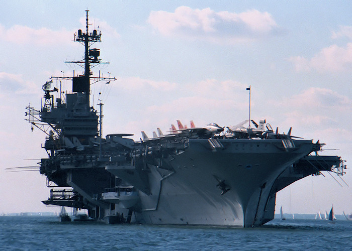 Photograph of the vessel USS Forrestal pictured at anchor in the Solent on 26th September 1987