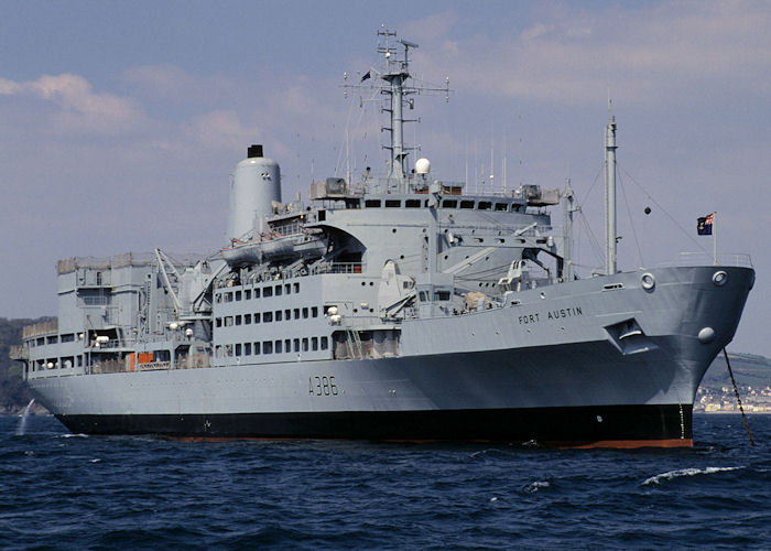 Photograph of the vessel RFA Fort Austin pictured at anchor in Plymouth Sound on 6th May 1996