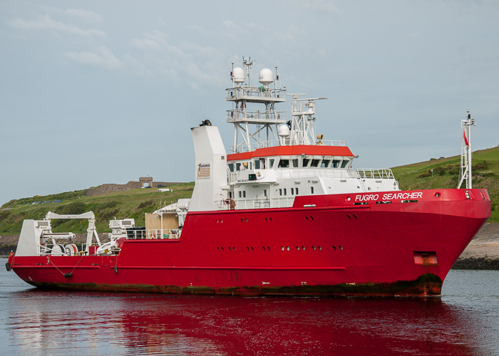 Photograph of the vessel rv Fugro Searcher pictured arriving at Aberdeen on 9th June 2014