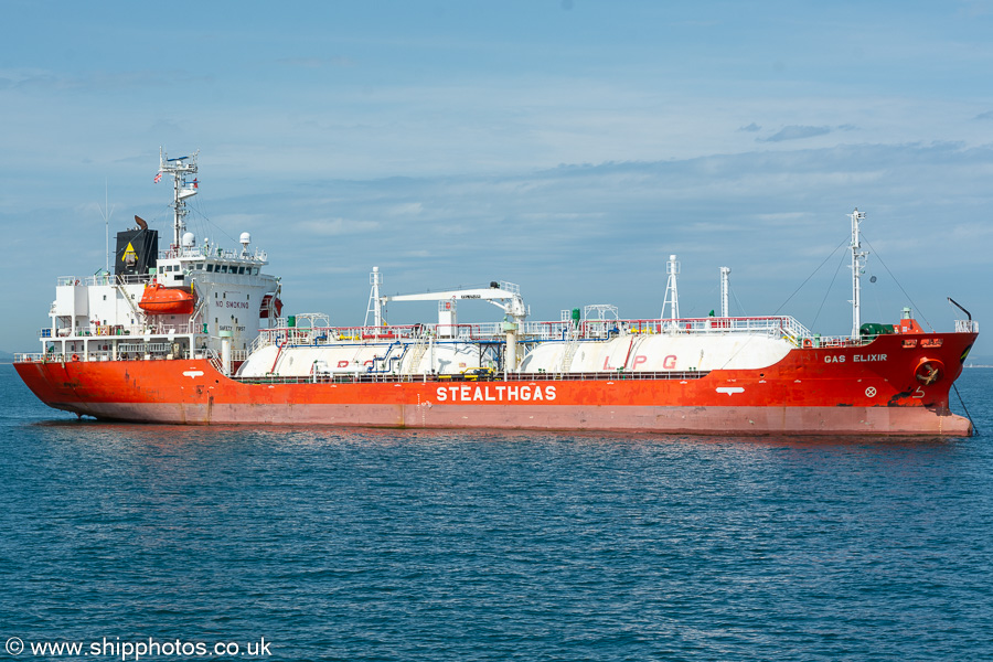 Photograph of the vessel  Gas Elixir pictured at anchor in the Solent on 8th July 2023