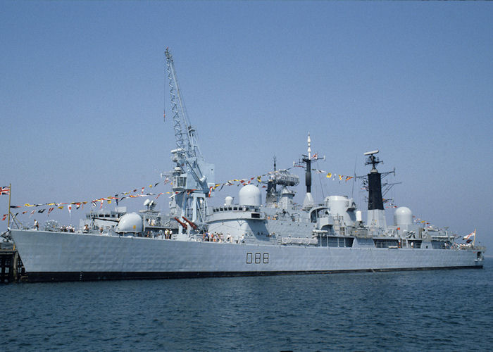 Photograph of the vessel HMS Glasgow pictured in Portland Harbour on 21st July 1990
