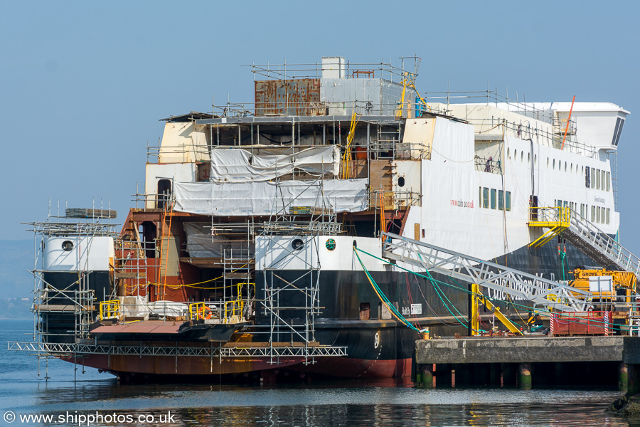 Photograph of the vessel  Glen Sannox pictured fitting out at Port Glasgow on 20th April 2019