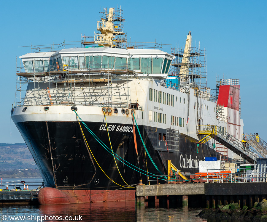 Photograph of the vessel  Glen Sannox pictured fitting out at Port Glasgow on 25th March 2022