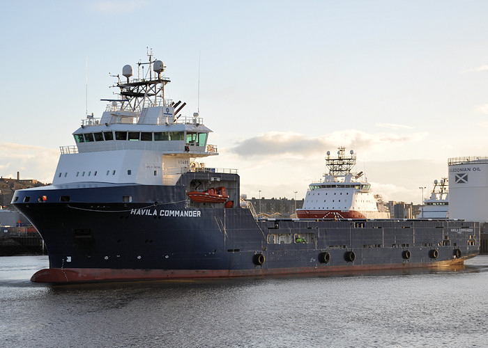 Photograph of the vessel  Havila Commander pictured departing Aberdeen on 17th April 2012