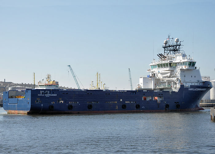 Photograph of the vessel  Havila Commander pictured arriving at Aberdeen on 7th May 2013