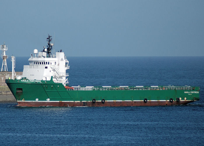 Photograph of the vessel  Havila Fortress pictured arriving at Peterhead on 28th April 2011