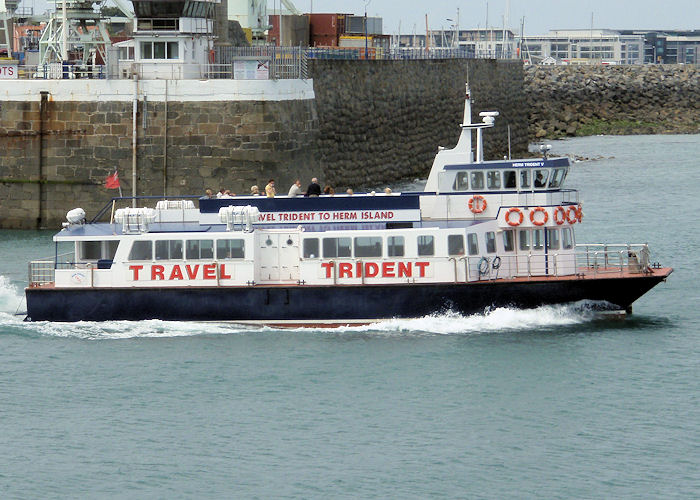 Photograph of the vessel  Herm Trident V pictured departing St. Peter Port on 18th June 2008