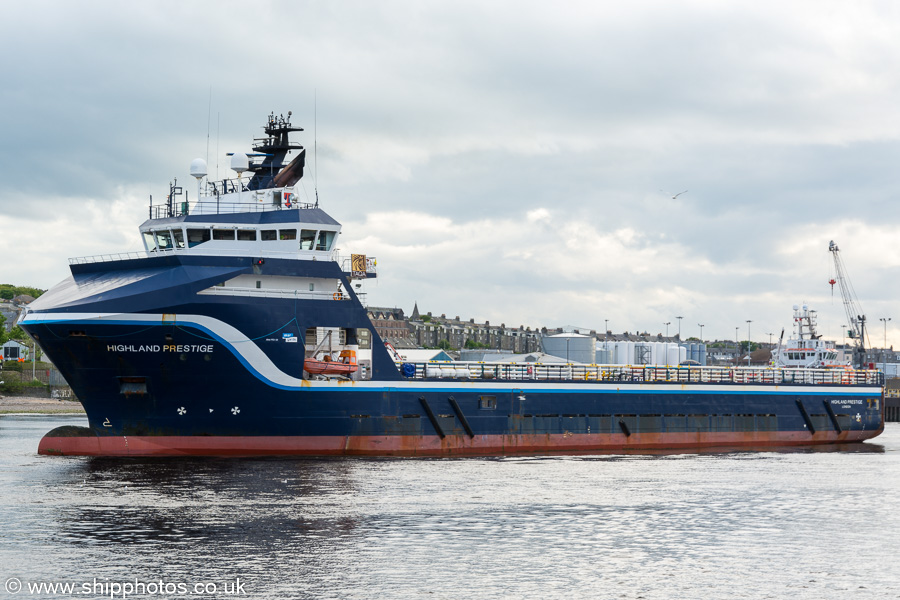 Photograph of the vessel  Highland Prestige pictured departing Aberdeen on 28th May 2019