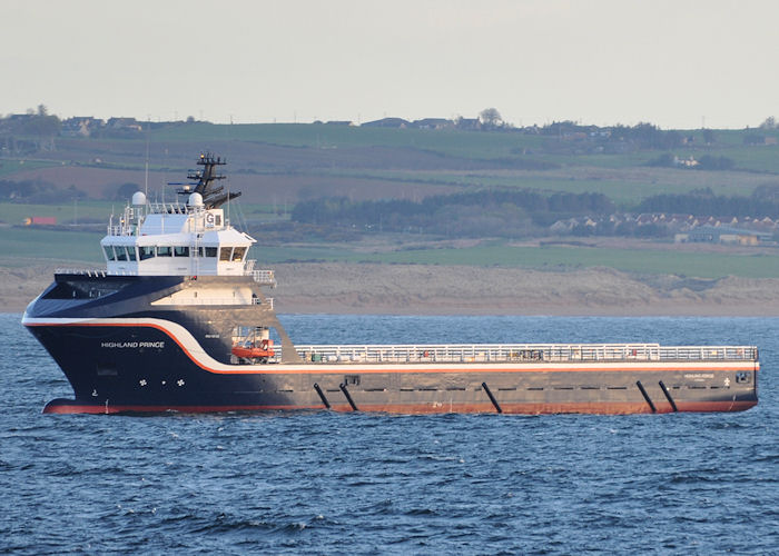 Photograph of the vessel  Highland Prince pictured at anchor in Aberdeen Bay on 13th May 2013
