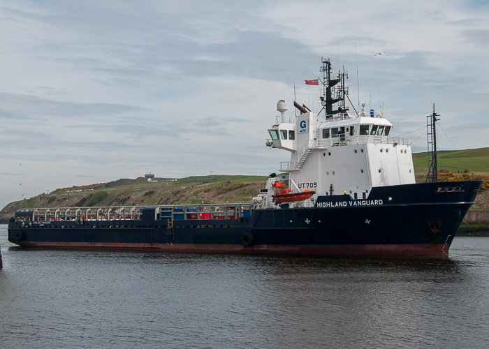 Photograph of the vessel  Highland Vanguard pictured arriving at Aberdeen on 4th May 2014