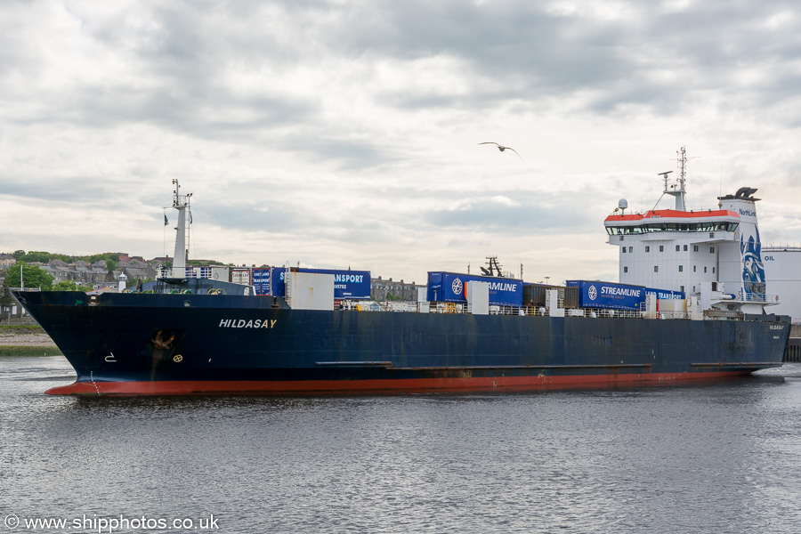 Photograph of the vessel  Hildasay pictured departing Aberdeen on 29th May 2019