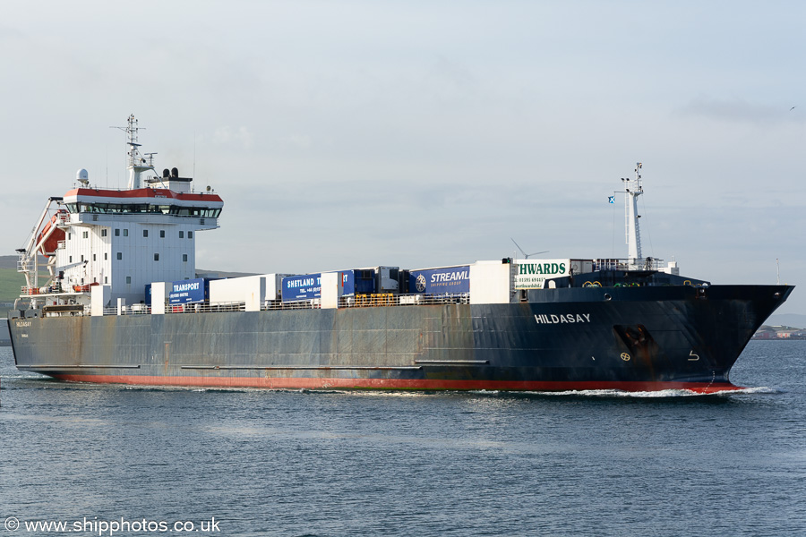 Photograph of the vessel  Hildasay pictured departing Lerwick on 20th May 2022