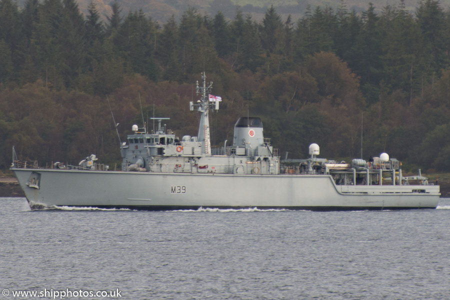 Photograph of the vessel HMS Hurworth pictured passing Greenock on 20th October 2015
