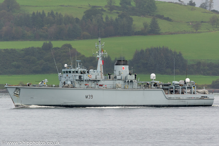 Photograph of the vessel HMS Hurworth pictured passing Greenock on 6th October 2019
