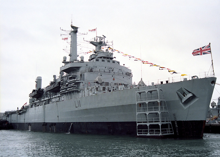 Photograph of the vessel HMS Intrepid pictured departing Portsmouth Harbour on 2nd June 1988