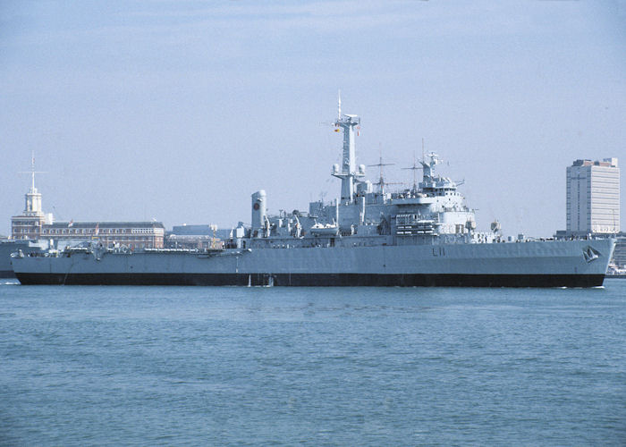 HMS Intrepid pictured departing Portsmouth Harbour on 29th August 1990