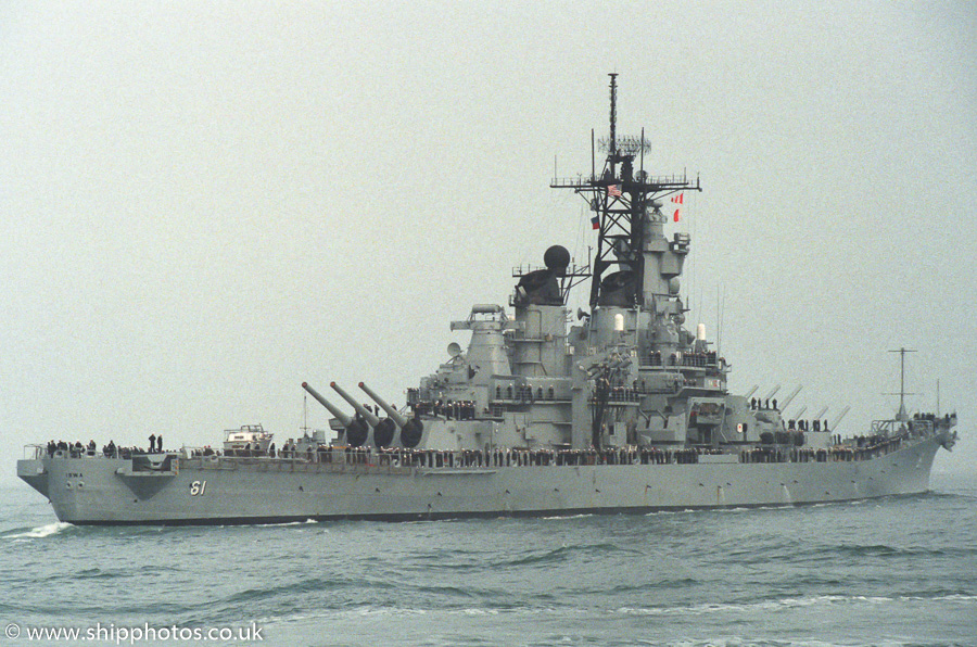 Photograph of the vessel USS Iowa pictured departing Portsmouth Harbour on 8th July 1989