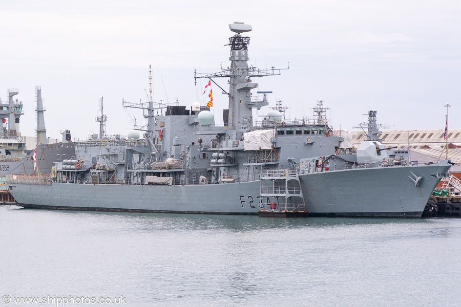 Photograph of the vessel HMS Iron Duke pictured in Portsmouth Naval Base on 8th July 2023