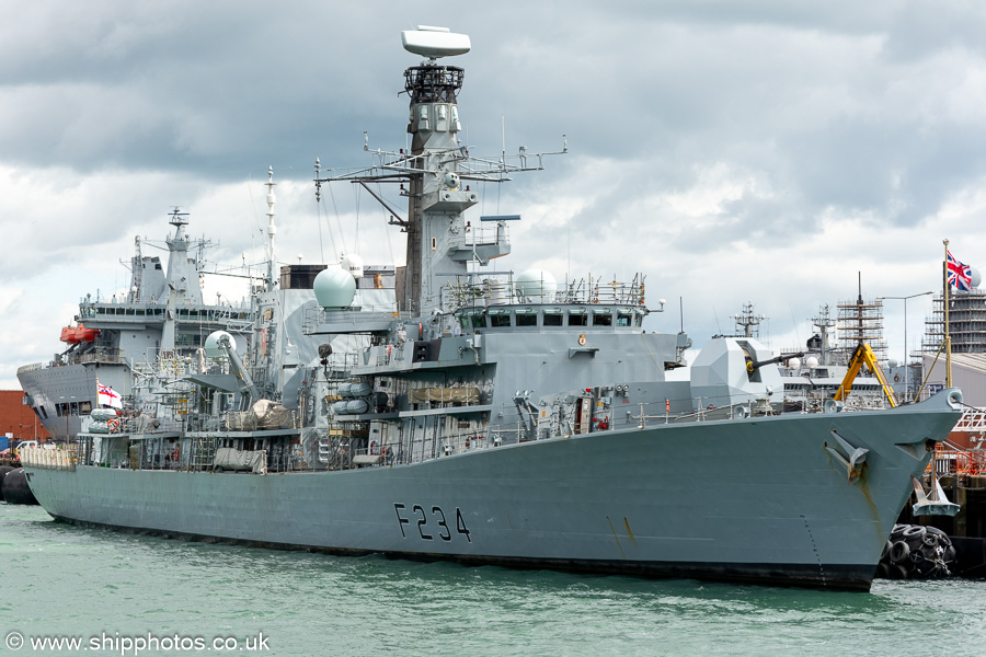 Photograph of the vessel HMS Iron Duke pictured in Portsmouth Naval Base on 19th April 2024