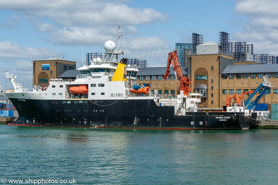 Photograph of the vessel RRS James Cook pictured in Empress Dock, Southampton on 20th April 2024