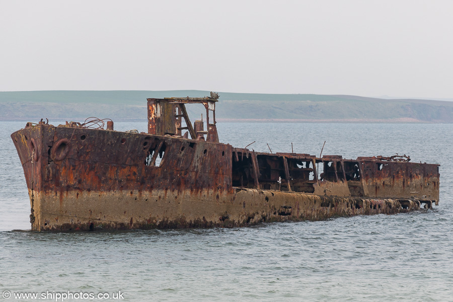Photograph of the vessel  Juniata pictured beached in Inganess Bay on 8th May 2013