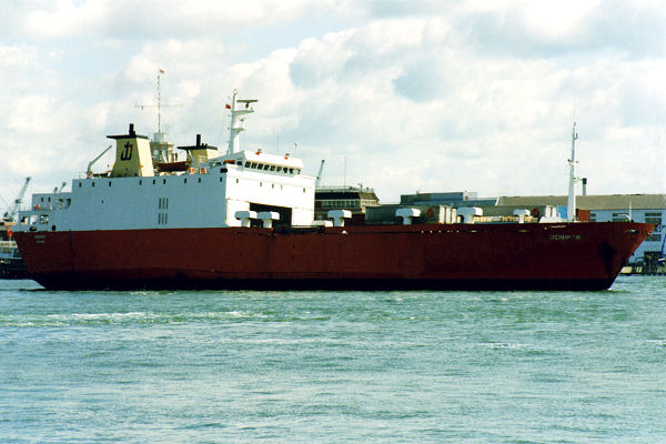 Photograph of the vessel  Juniper pictured departing Portsmouth on 5th June 1994