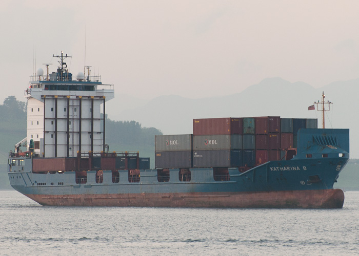 Photograph of the vessel  Katharina B pictured approaching Greenock Ocean Terminal on 17th September 2014