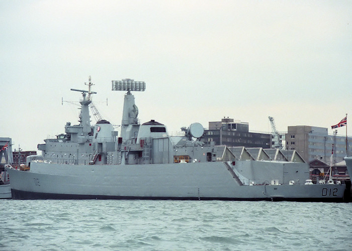 HMS Kent pictured in Portsmouth Naval Base on 12th March 1988