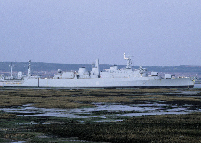 HMS Kent pictured laid up in Fareham Creek on 28th April 1995