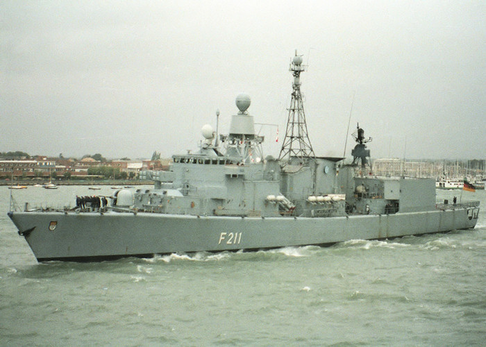 Photograph of the vessel FGS Köln pictured departing Portsmouth Harbour on 25th July 1988