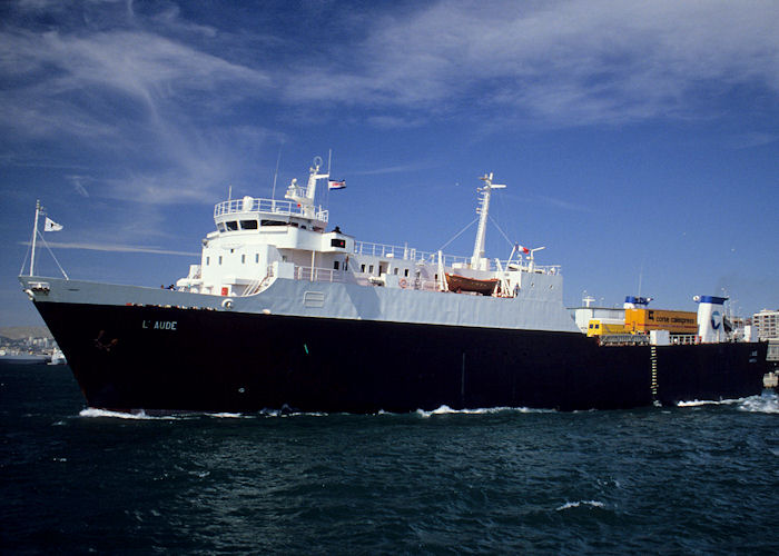 Photograph of the vessel  L'Aude pictured departing Marseille on 6th July 1990