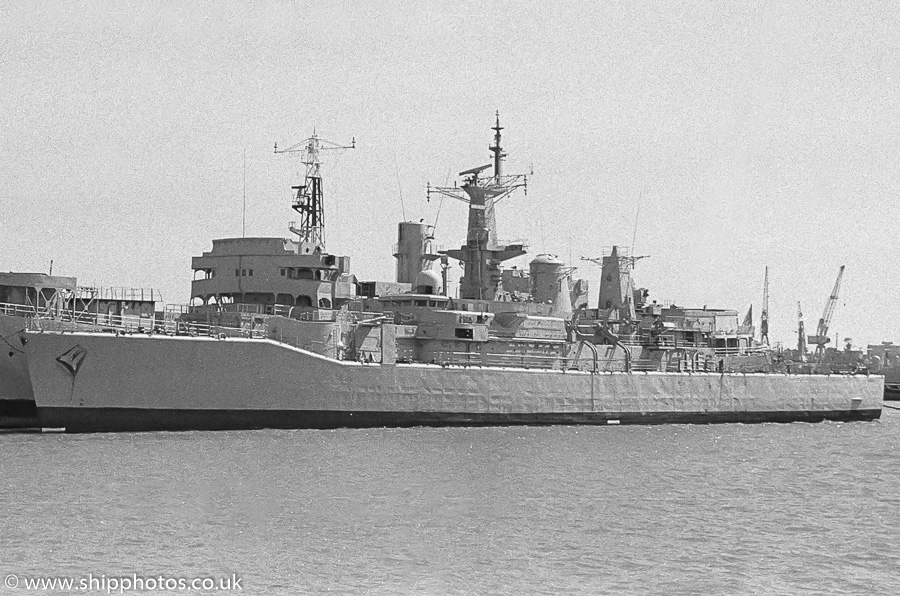 Photograph of the vessel HMS Leander pictured laid up in Fareham Creek on 7th May 1989