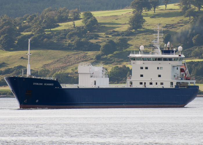Photograph of the vessel  Lysblink Seaways pictured departing Greenock Ocean Terminal on 9th August 2014