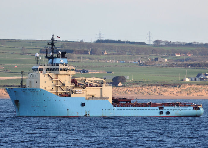 Photograph of the vessel  Mærsk Assister pictured at anchor in Aberdeen Bay on 13th May 2013