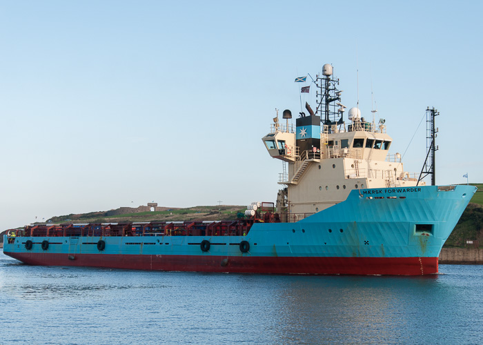 Photograph of the vessel  Mærsk Forwarder pictured arriving at Aberdeen on 10th October 2014