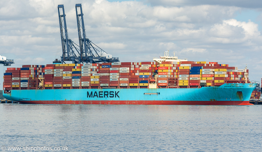 Photograph of the vessel  Maersk Horsburgh pictured arriving at Trinity Terminal, Felixstowe on 16th August 2024