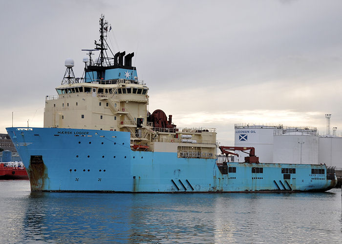 Photograph of the vessel  Mærsk Logger pictured departing Aberdeen on 13th September 2013