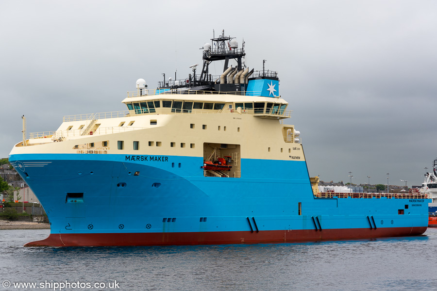 Mærsk Maker pictured departing Aberdeen on 30th May 2019