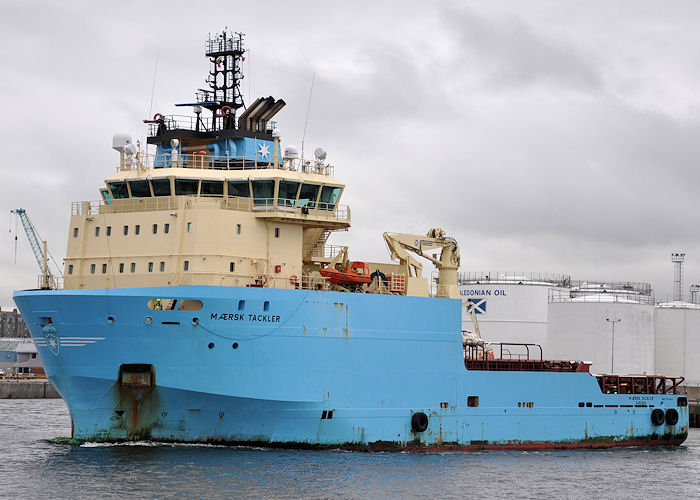 Photograph of the vessel  Mærsk Tackler pictured departing Aberdeen on 15th May 2013