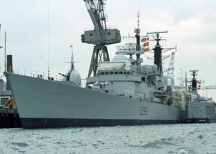 Photograph of the vessel HMS Manchester pictured in Portsmouth Naval Base on 12th March 1988