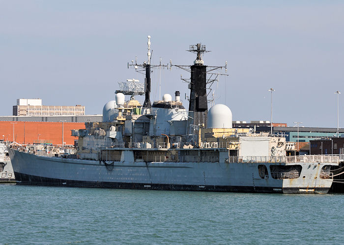 Photograph of the vessel HMS Manchester pictured laid up in Portsmouth Naval Base on 8th June 2013