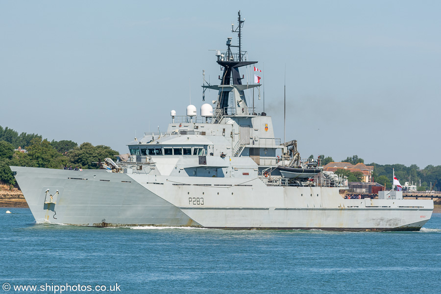 Photograph of the vessel HMS Mersey  pictured departing Portsmouth Naval Base on 7th July 2023