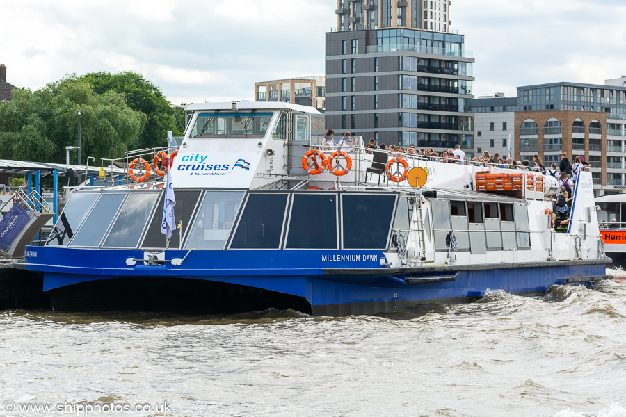 Photograph of the vessel  Millennium Dawn pictured in London on 6th July 2023