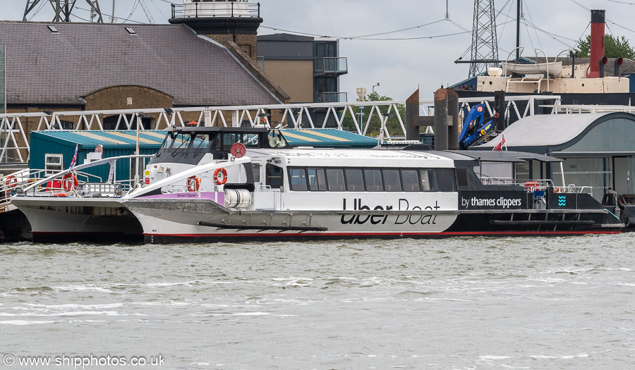 Photograph of the vessel  Moon Clipper pictured at Trinity Jubilee Pier, Leamouth on 20th July 2025
